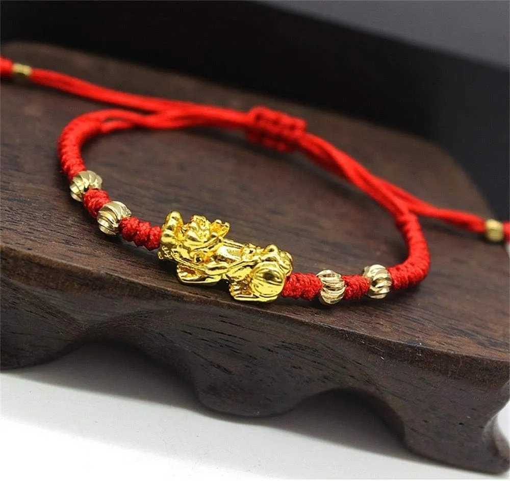 2 Pcs Pi Xiu Red String Bracelet Chinese Feng Shui Pi Xiu Kabbalah Red Rope Bracelet Gold Bead Handmade Strand Charm Bracelets Amulet For Men Women Good Luck Wealth Evil Eye Protection