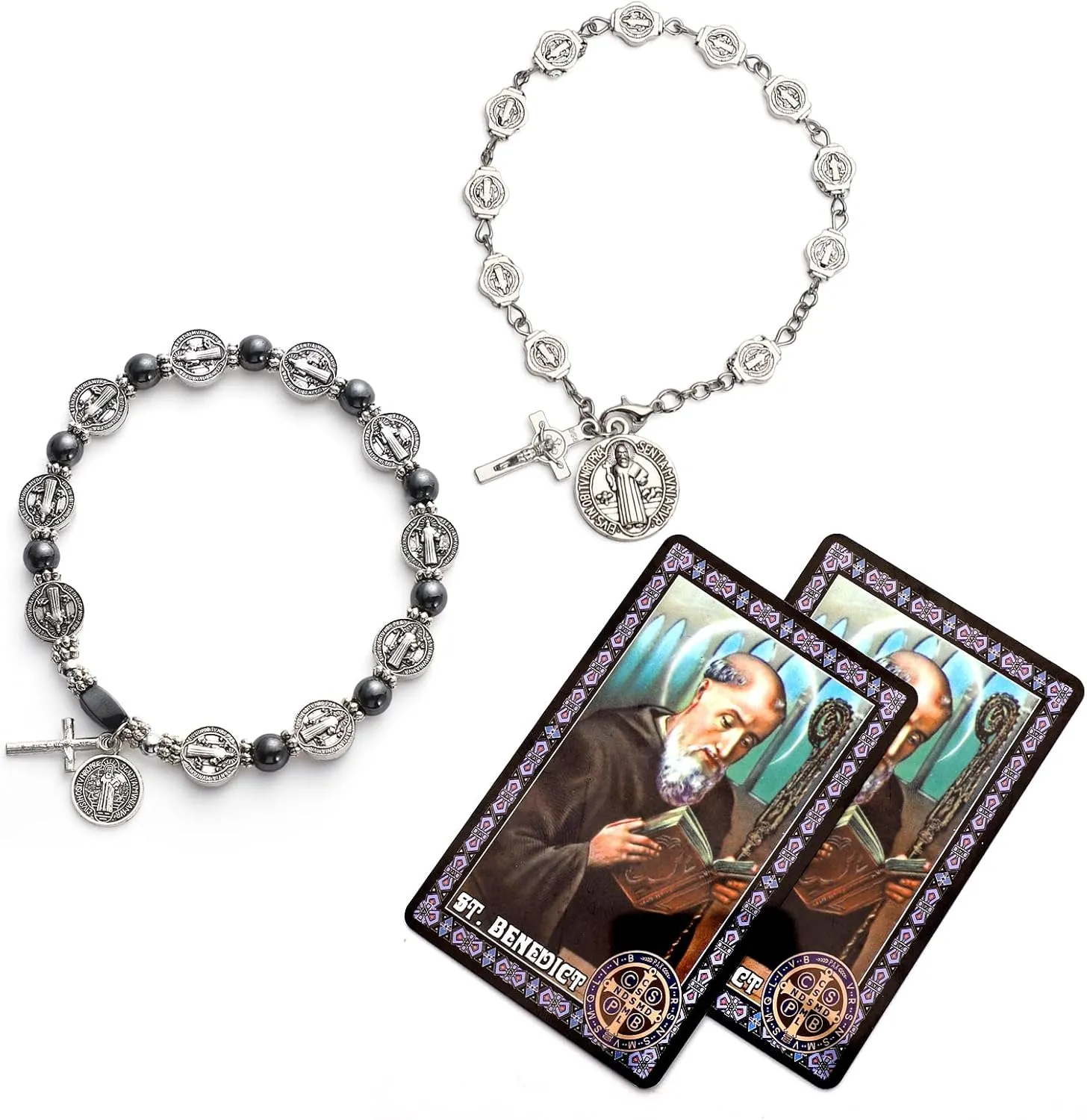 2 Sets St Benedict Bracelets with Saint Benedict Medals and Crucifix,Catholic Rosary Bracelet with San Benito Prayer Card for Women Men Gift,Medalla De San Benito Rosary Jewelry