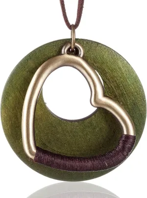 2018 Handmade Wood Love Heart Pendant Vintage Necklace for Women Jewelry (Green)