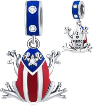 2025 Puerto Rico Coqui Charm, Frog Prince Pendant Charms, fit Pandora Animal Bracelet, 925 Sterling Silver Enamel Puerto Rican Flag Dangle Beads, Gifts for Vacation/Mothers Day/Travel