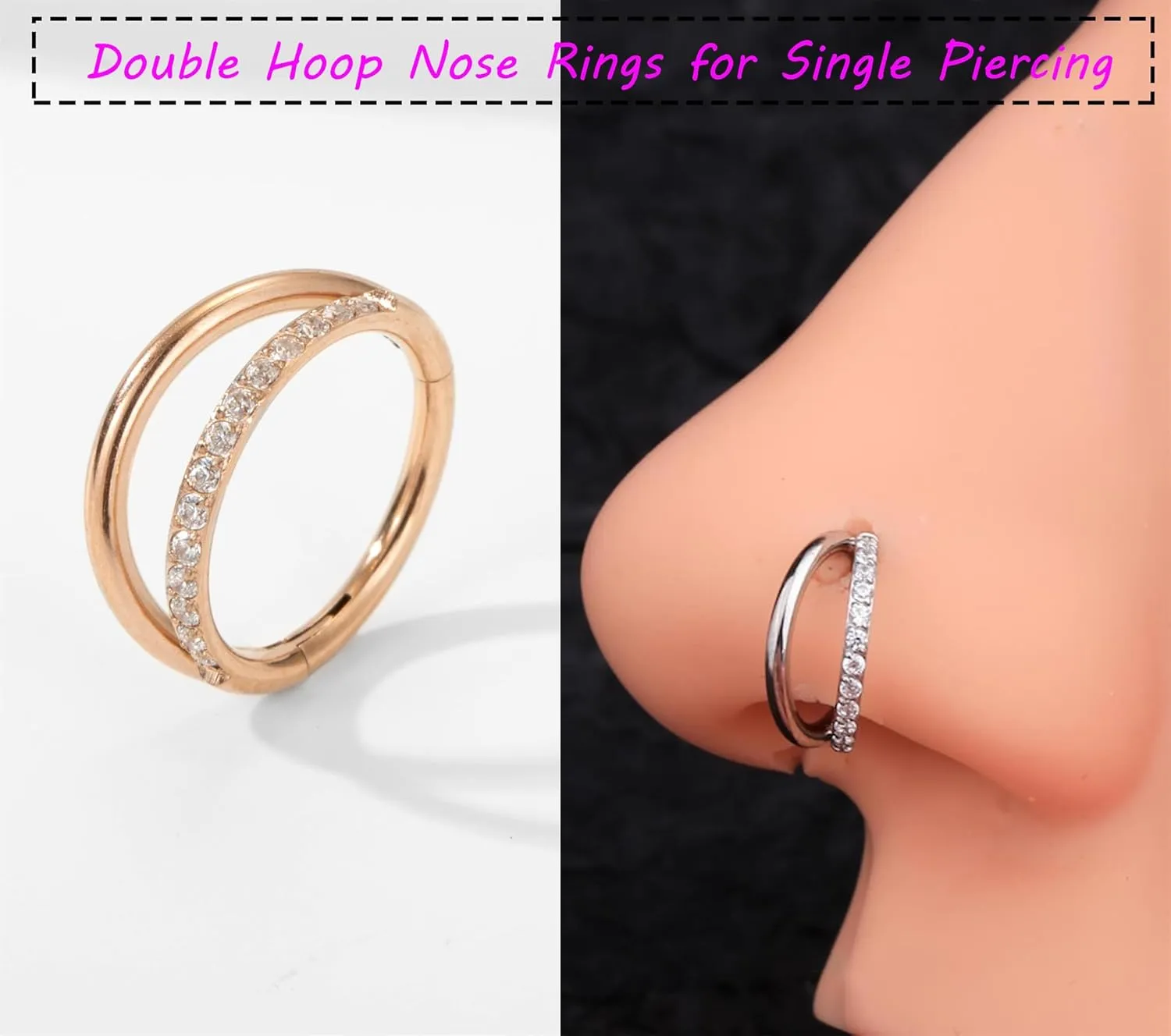 20G 18G 16G Surgical Steel Double Hoop Nose Ring for Single Piercing - Hypoallergenic 14K Real Gold Plated Hinged Segment Nose Rings | CZ Septum Clicker Jewelry | Small Cartilage Hoop Earrings Helix Conch Piercing Jewelry for Women Men