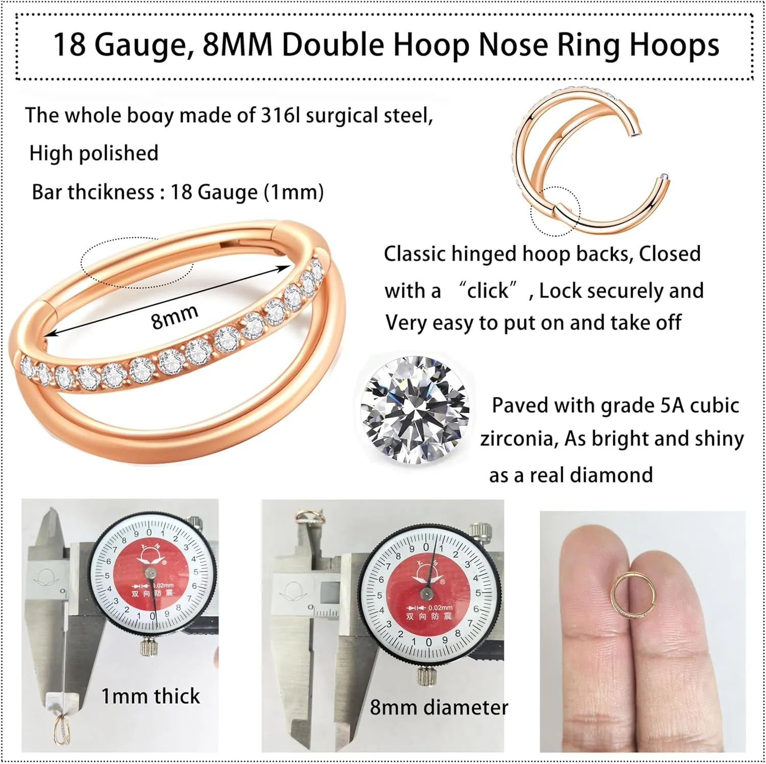 20G 18G 16G Surgical Steel Double Hoop Nose Ring for Single Piercing - Hypoallergenic 14K Real Gold Plated Hinged Segment Nose Rings | CZ Septum Clicker Jewelry | Small Cartilage Hoop Earrings Helix Conch Piercing Jewelry for Women Men