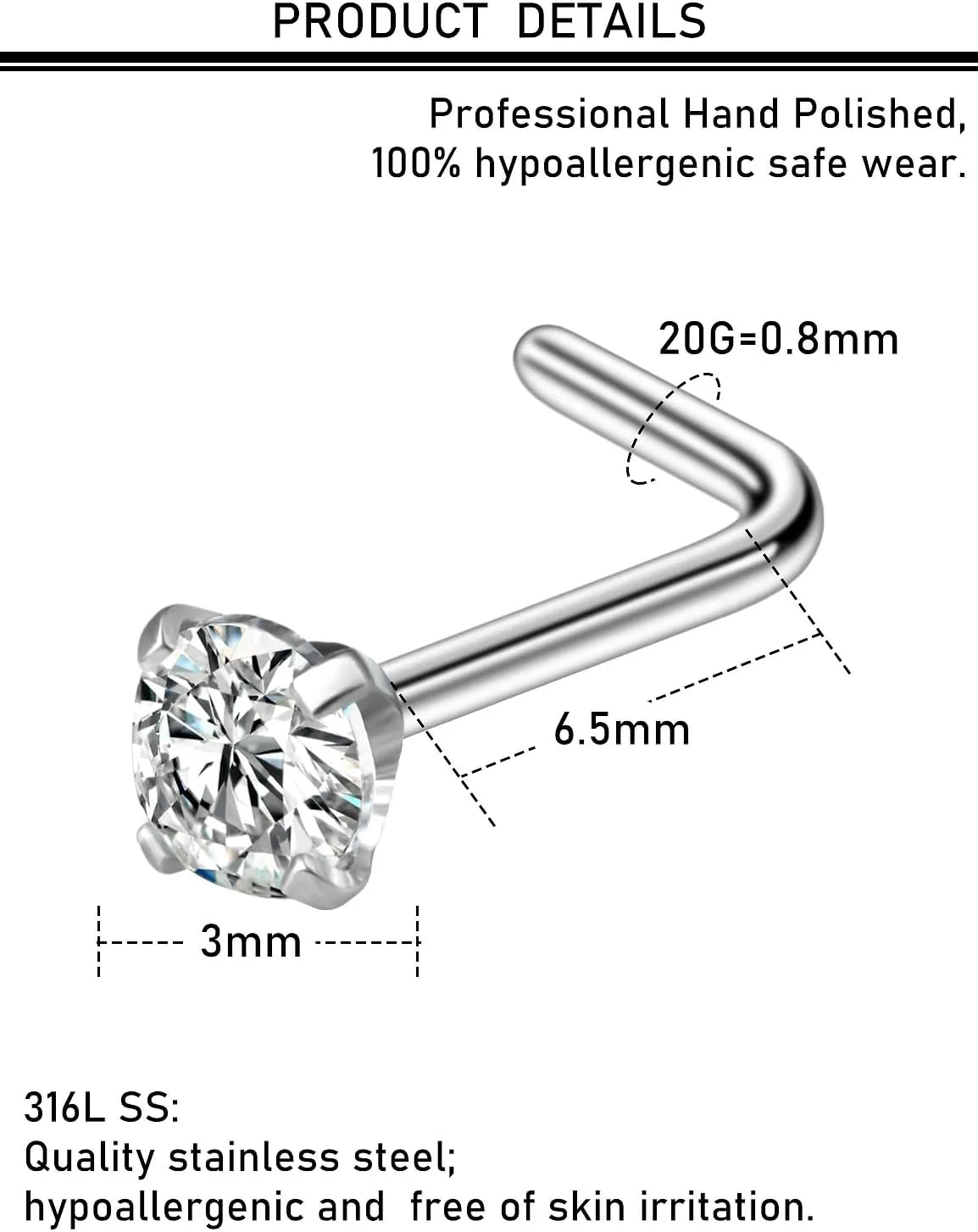 20G 18G Nose Rings Studs Hypoallergenic 316L Surgical Steel L Shaped Nose Rings Silver Nostril Nose Studs Piercing Jewelry for Women Men Cubic Zirconia AAAA  1.5mm 2mm 2.5mm 3mm