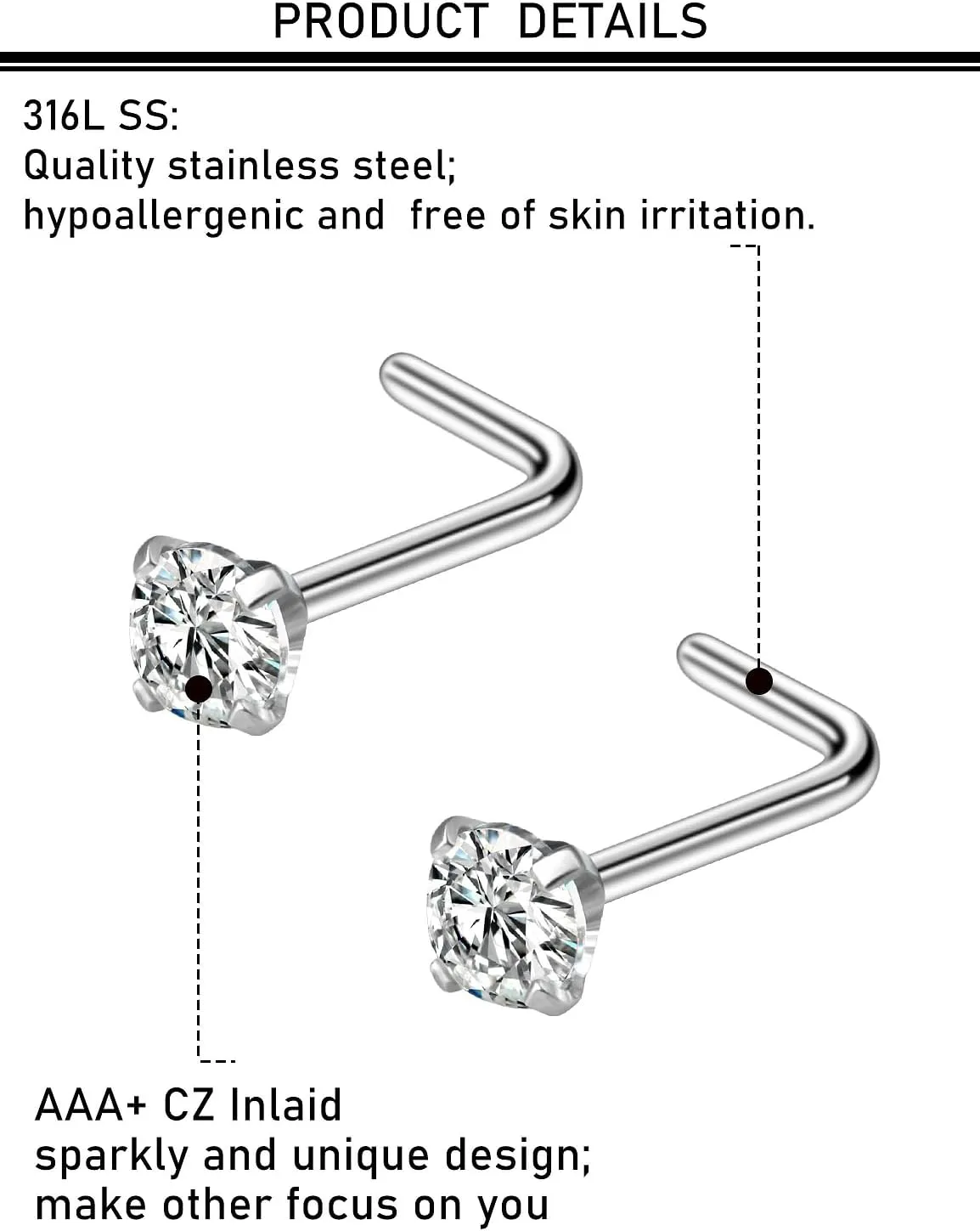 20G 18G Nose Rings Studs Hypoallergenic 316L Surgical Steel L Shaped Nose Rings Silver Nostril Nose Studs Piercing Jewelry for Women Men Cubic Zirconia AAAA  1.5mm 2mm 2.5mm 3mm