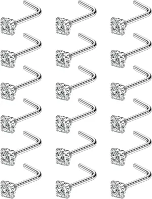 20G 18G Nose Rings Studs Hypoallergenic 316L Surgical Steel L Shaped Nose Rings Silver Nostril Nose Studs Piercing Jewelry for Women Men Cubic Zirconia AAAA  1.5mm 2mm 2.5mm 3mm