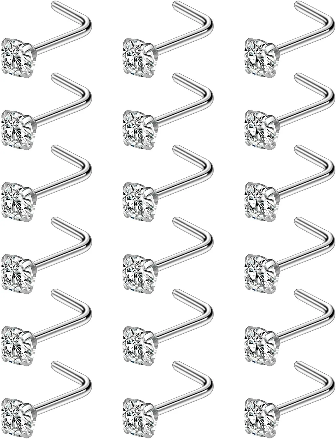 20G 18G Nose Rings Studs Hypoallergenic 316L Surgical Steel L Shaped Nose Rings Silver Nostril Nose Studs Piercing Jewelry for Women Men Cubic Zirconia AAAA  1.5mm 2mm 2.5mm 3mm