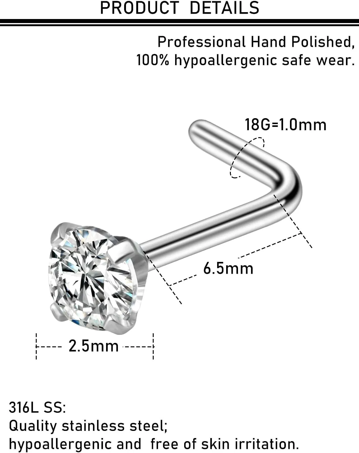 20G 18G Nose Rings Studs Hypoallergenic 316L Surgical Steel L Shaped Nose Rings Silver Nostril Nose Studs Piercing Jewelry for Women Men Cubic Zirconia AAAA  1.5mm 2mm 2.5mm 3mm