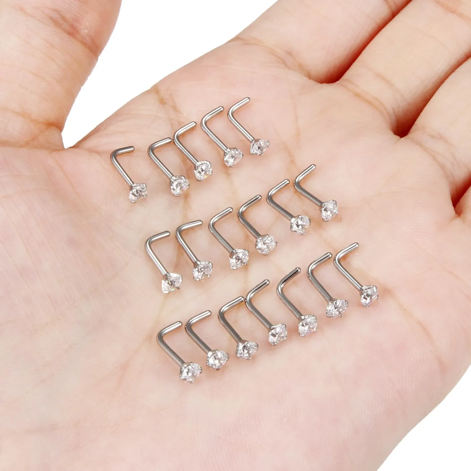 20G 18G Nose Rings Studs Hypoallergenic 316L Surgical Steel L Shaped Nose Rings Silver Nostril Nose Studs Piercing Jewelry for Women Men Cubic Zirconia AAAA  1.5mm 2mm 2.5mm 3mm