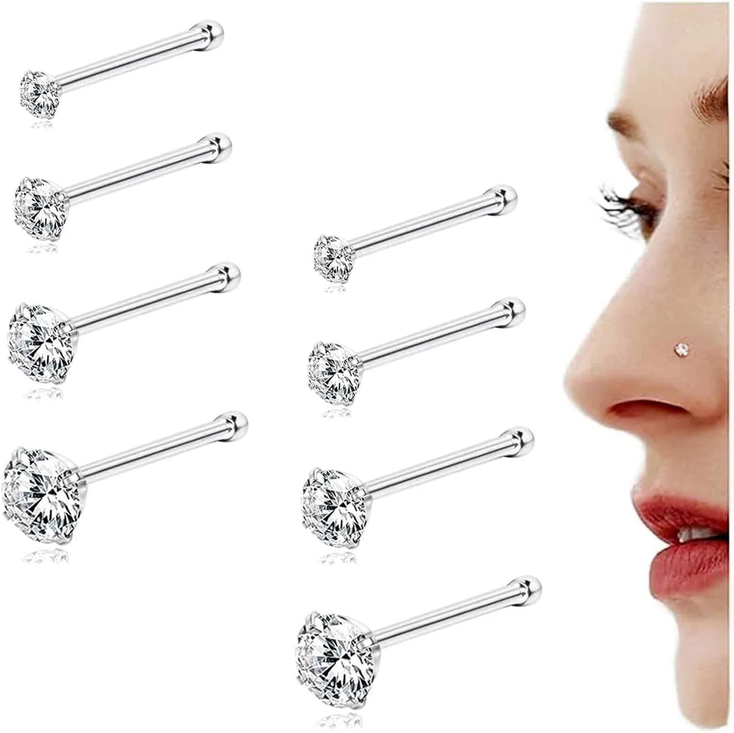 20G Nose Rings Piercing Studs Hoop For Women Gold Silver Nose Jewelry CZ 1.5-3mm