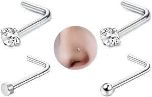 20G Surgical Steel Nose Rings 18G L Shaped Nose Studs for Women Clear CZ Nose Ring Stud 2mm Ball Round 4Pcs Cute Nose Rings L Shaped Nose Piercing Jewelry