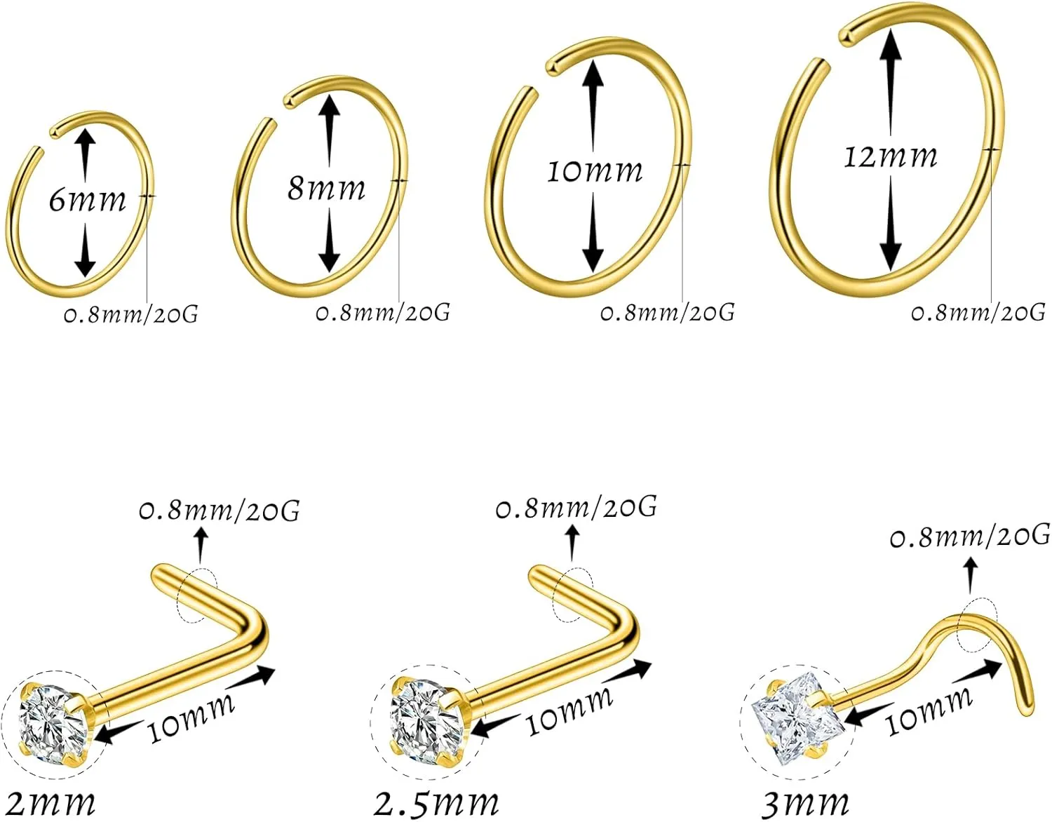 21 Pcs Hoop Nose Rings Surgical Steel Nose Rings for Women 20G Nostril Piercing Jewelry Silver Gold Black Nostril Piercings L Shaped Nose Ring Hoop 6mm 8mm 10mm 12mm