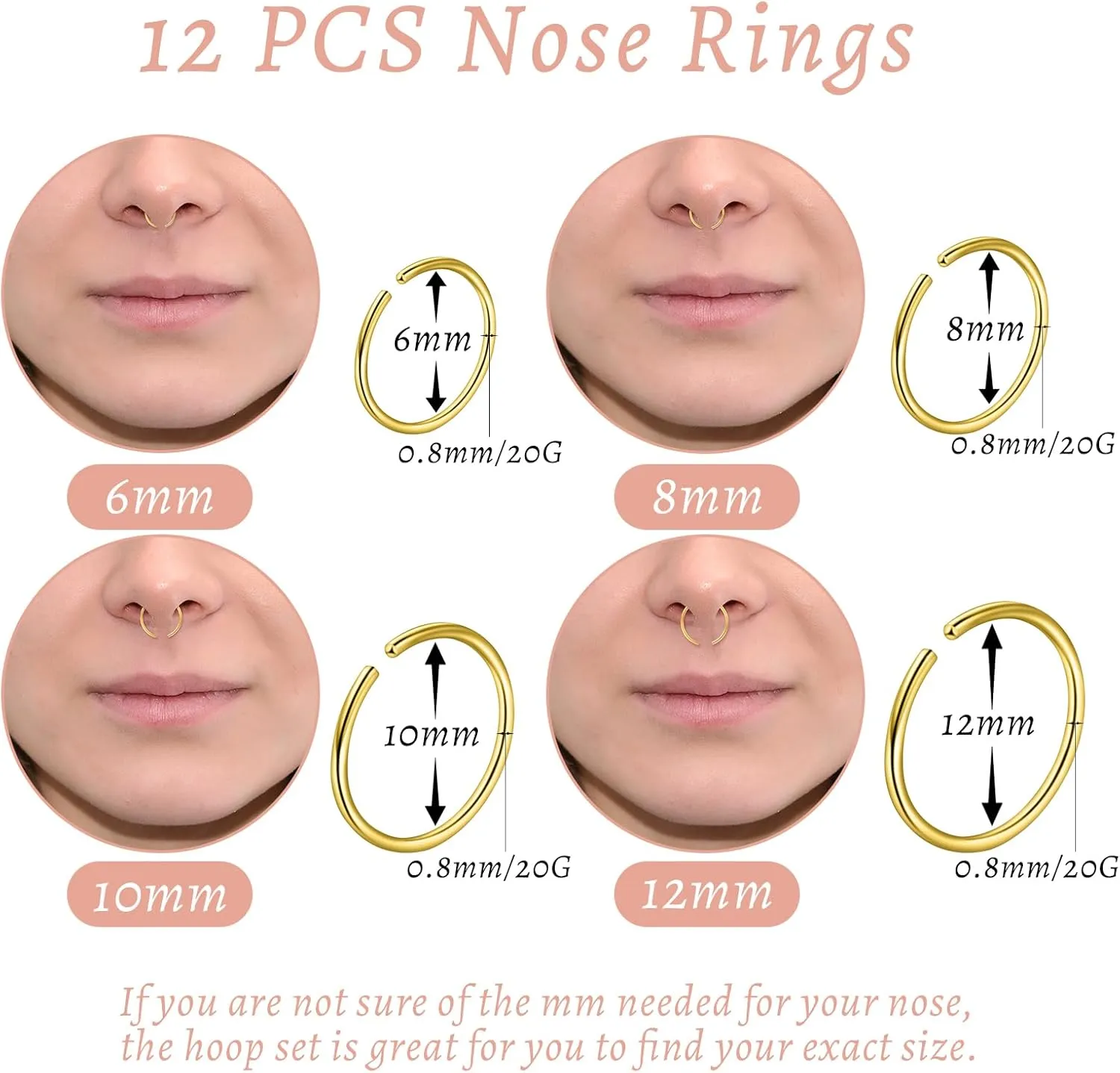 21 Pcs Hoop Nose Rings Surgical Steel Nose Rings for Women 20G Nostril Piercing Jewelry Silver Gold Black Nostril Piercings L Shaped Nose Ring Hoop 6mm 8mm 10mm 12mm