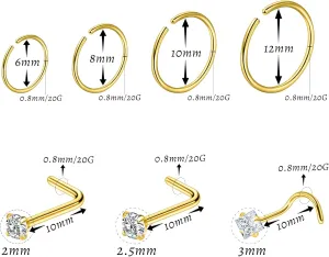 21 Pcs Hoop Nose Rings Surgical Steel Nose Rings for Women 20G Nostril Piercing Jewelry Silver Gold Black Nostril Piercings L Shaped Nose Ring Hoop 6mm 8mm 10mm 12mm