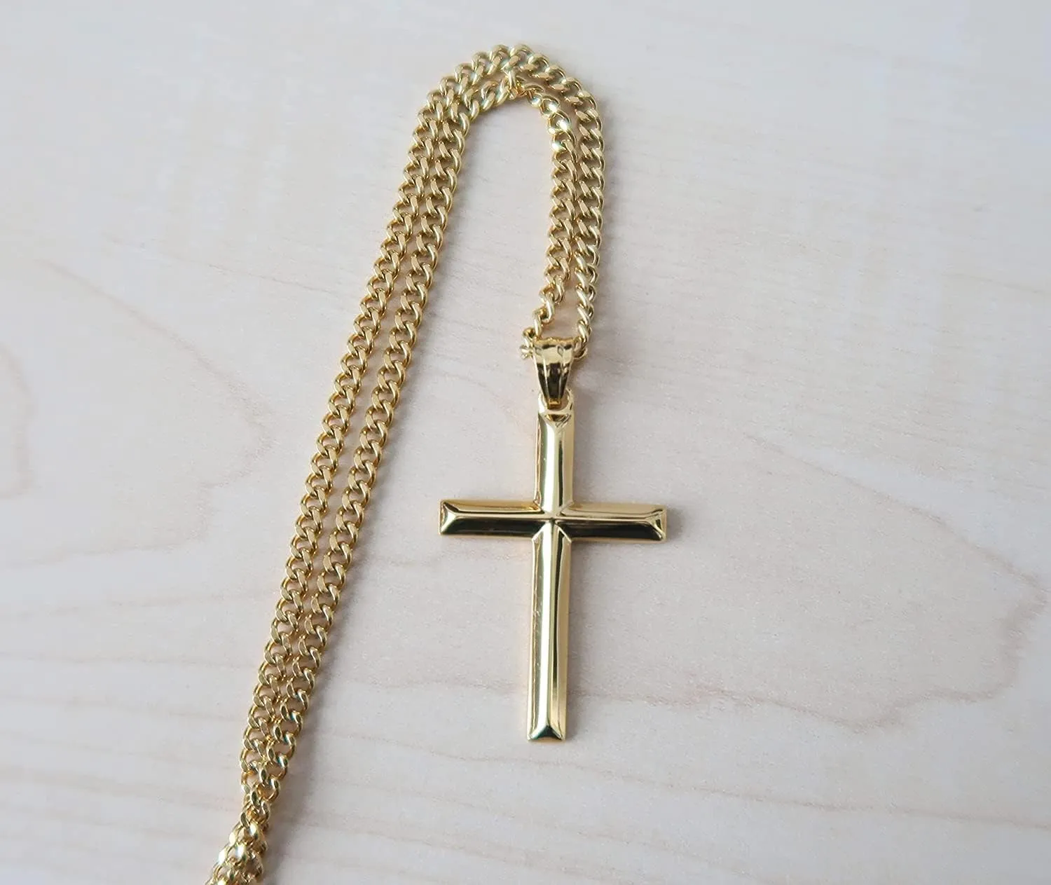 24K Gold Chain SMALL Bevel Cross Pendant Necklace 3MM Cuban Necklace Clasp for Women, Men WIFE, HUSBAND Thin for Charms Miami Cuban Link Diamond Cut Religious Beveled Edge