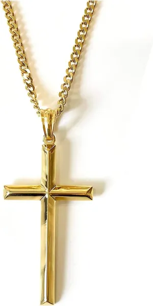 24K Gold Chain SMALL Bevel Cross Pendant Necklace 3MM Cuban Necklace Clasp for Women, Men WIFE, HUSBAND Thin for Charms Miami Cuban Link Diamond Cut Religious Beveled Edge
