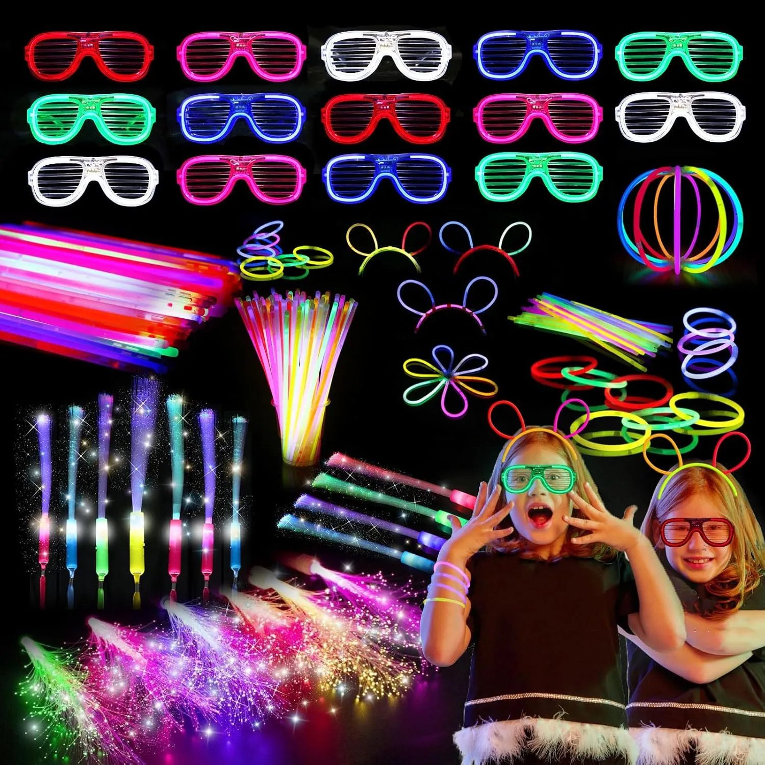 258 PCS Glow in the Dark Party Supplies With 20 PCS LED Glasses, 200PCS Glow Sticks and 18 Connector Fiber Optic Wands - Neon Favors for Wedding, Concert, Birthday