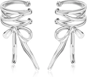 2Pcs Alloy Bow Ribbon Ear Cuffs Supplies Bow Earrings Accessories Non Piercing Ear Clips On Cartilage Wrap for Women Christmas Halloween Daily Use Parties Wedding