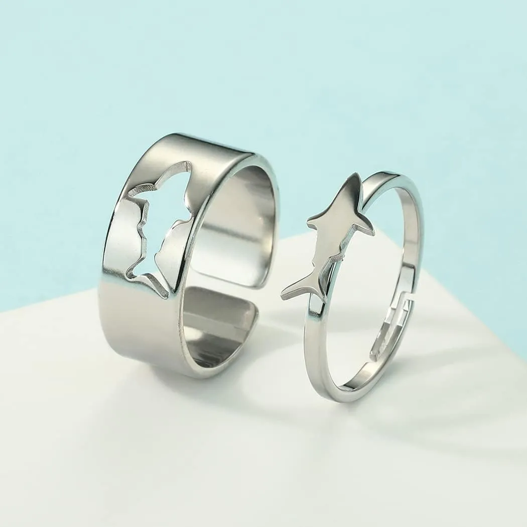2PCS Matching Marine Animal Adjustable Rings For Women Couples Everyday Jewelry Promise Wedding Gift 316L Stainless Steel Open Ring