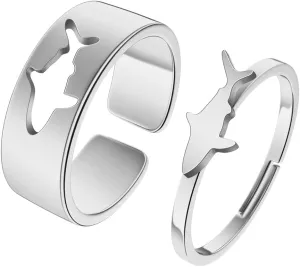 2PCS Matching Marine Animal Adjustable Rings For Women Couples Everyday Jewelry Promise Wedding Gift 316L Stainless Steel Open Ring