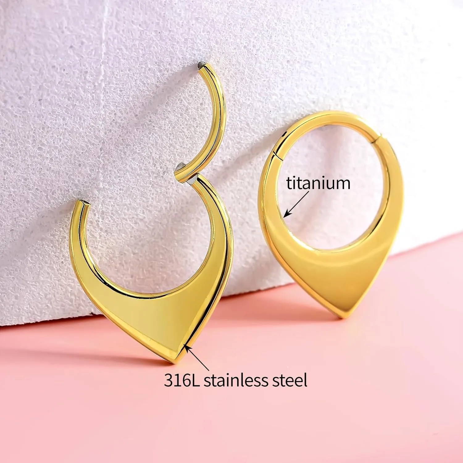 2pcs Nose Rings Hoops for Women-G23 Solid Titanium and 316L Surgical Steel Segment Septum Nose Rings sets,Helix Piercing Jewelry16G 8mm 10mm Teardrop Moon Face Cartilage Clicker Hoop Earrings for Rook,Daith,Tragus,Hypoallergenic