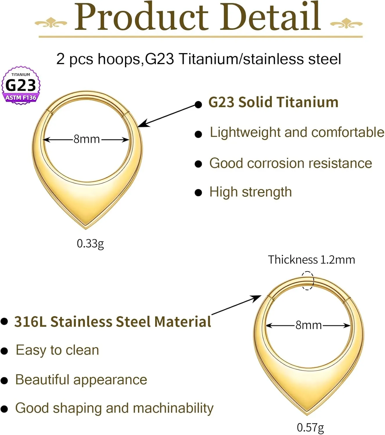 2pcs Nose Rings Hoops for Women-G23 Solid Titanium and 316L Surgical Steel Segment Septum Nose Rings sets,Helix Piercing Jewelry16G 8mm 10mm Teardrop Moon Face Cartilage Clicker Hoop Earrings for Rook,Daith,Tragus,Hypoallergenic