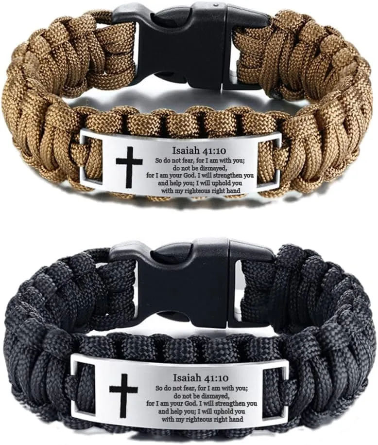 2Pcs Scripture Paracord Bracelets for Men Outdoor Rope Bible Verse Survival Bracelet Christ Cross Bible Quote Scripture Cuff Bangle Faith Baptism Religious Jewelry for Dad,Husband,Son