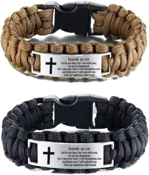 2Pcs Scripture Paracord Bracelets for Men Outdoor Rope Bible Verse Survival Bracelet Christ Cross Bible Quote Scripture Cuff Bangle Faith Baptism Religious Jewelry for Dad,Husband,Son