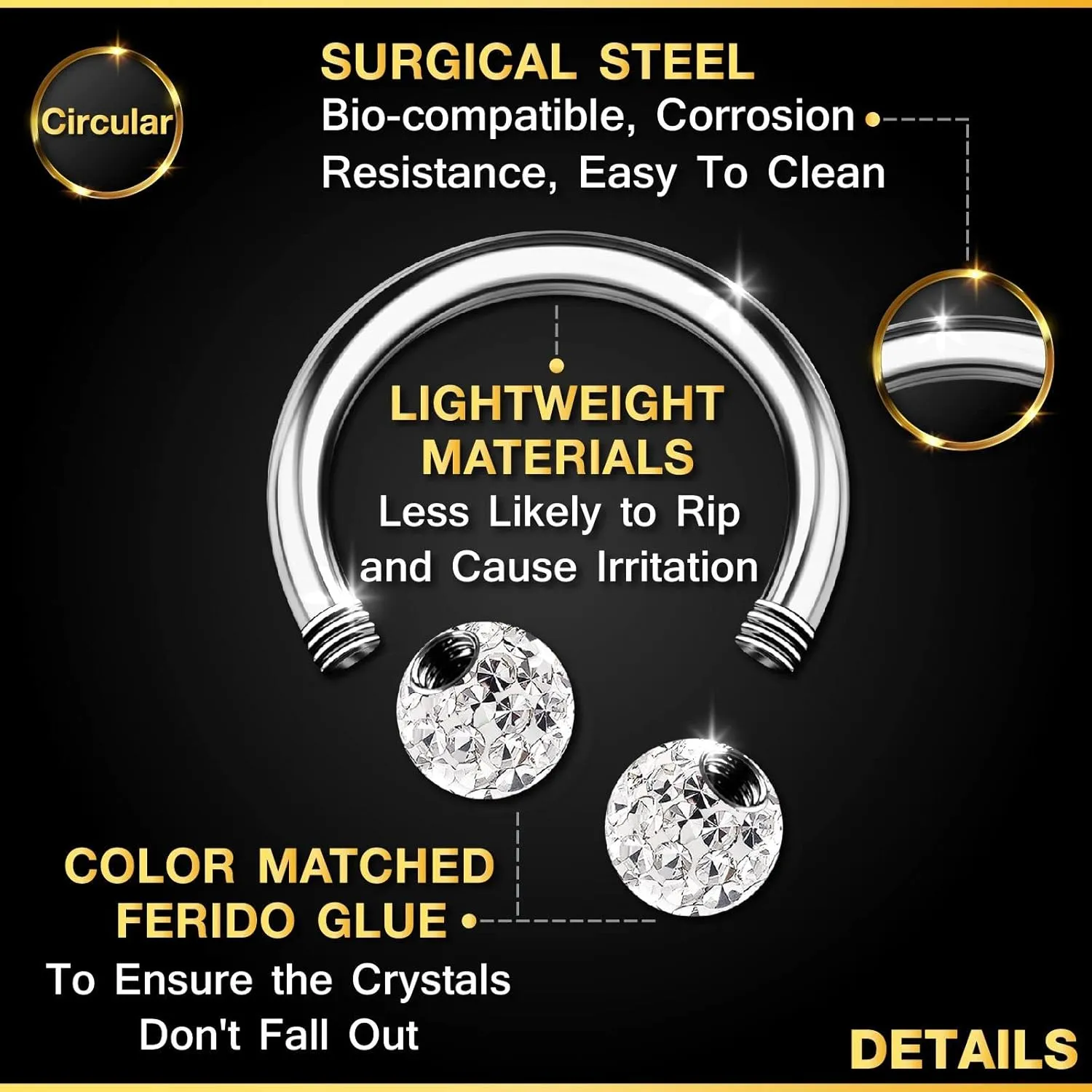 2PCS Surgical Steel Horseshoe Earrings 16 gauge 5/16 8mm 3mm Crystal Ball Lobe Earrings Septum Piercing Jewelry Choose Colors
