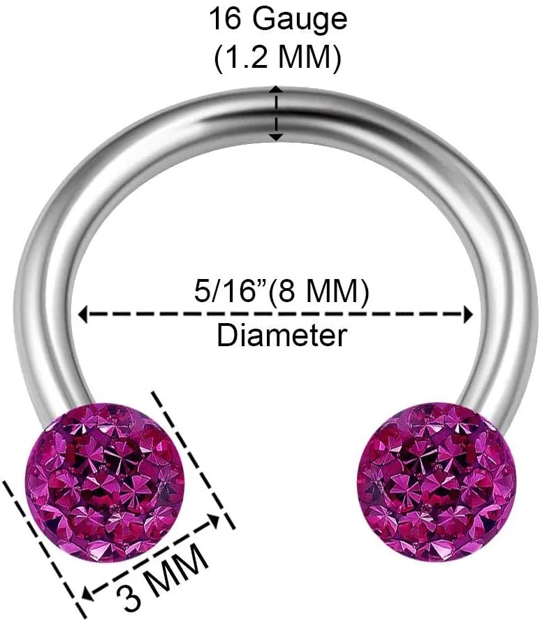 2PCS Surgical Steel Horseshoe Earrings 16 gauge 5/16 8mm 3mm Crystal Ball Lobe Earrings Septum Piercing Jewelry Choose Colors