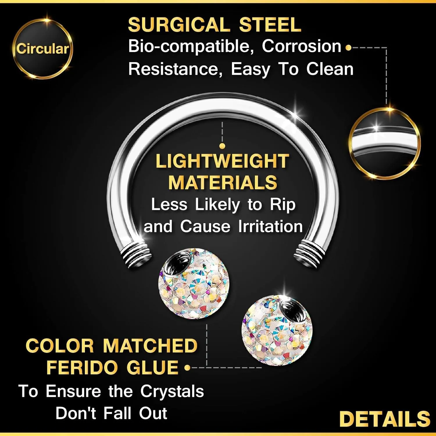2PCS Surgical Steel Horseshoe Earrings 16 gauge 5/16 8mm 3mm Crystal Ball Lobe Earrings Septum Piercing Jewelry Choose Colors