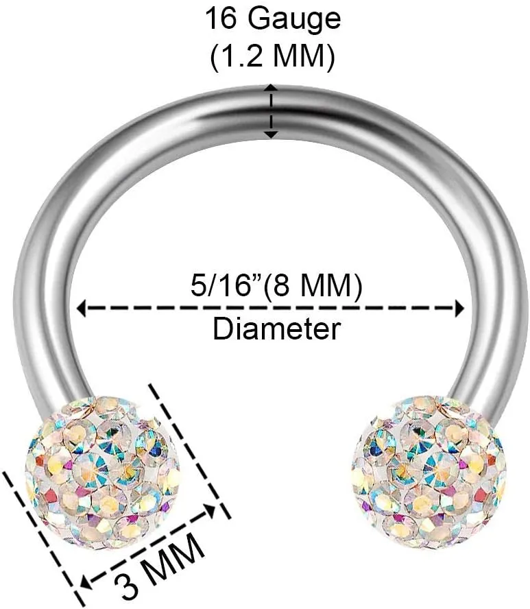 2PCS Surgical Steel Horseshoe Earrings 16 gauge 5/16 8mm 3mm Crystal Ball Lobe Earrings Septum Piercing Jewelry Choose Colors