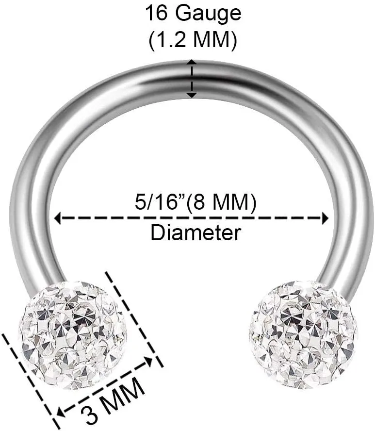 2PCS Surgical Steel Horseshoe Earrings 16 gauge 5/16 8mm 3mm Crystal Ball Lobe Earrings Septum Piercing Jewelry Choose Colors