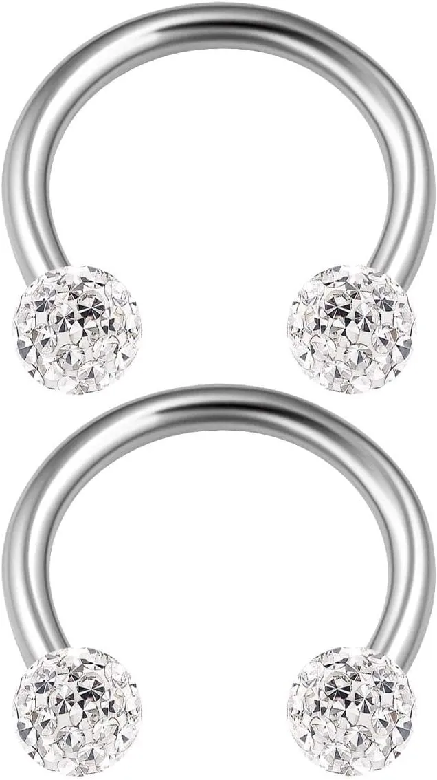 2PCS Surgical Steel Horseshoe Earrings 16 gauge 5/16 8mm 3mm Crystal Ball Lobe Earrings Septum Piercing Jewelry Choose Colors