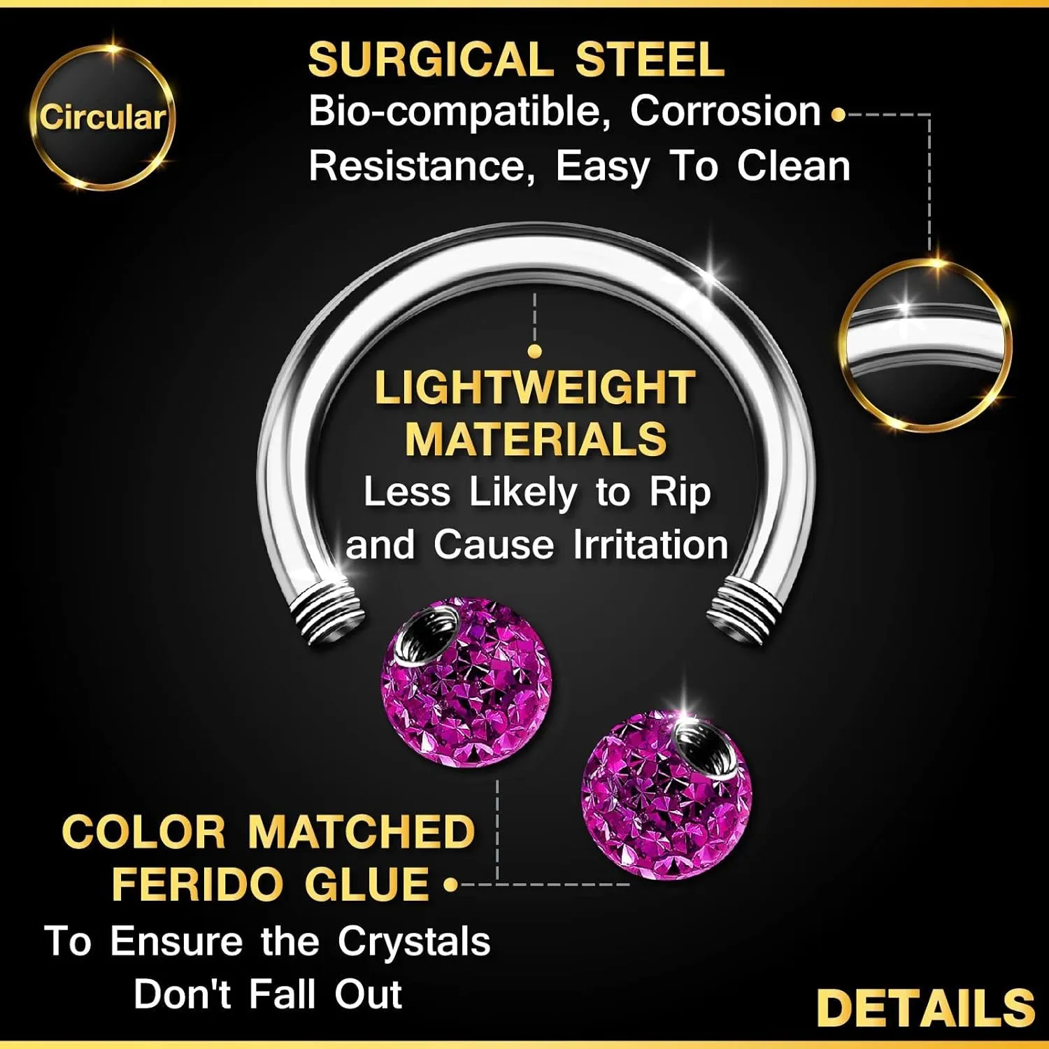 2PCS Surgical Steel Horseshoe Earrings 16 gauge 5/16 8mm 3mm Crystal Ball Lobe Earrings Septum Piercing Jewelry Choose Colors