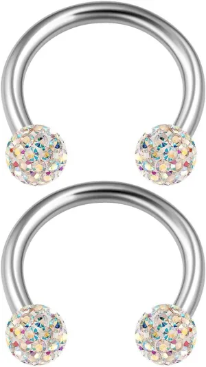 2PCS Surgical Steel Horseshoe Earrings 16 gauge 5/16 8mm 3mm Crystal Ball Lobe Earrings Septum Piercing Jewelry Choose Colors