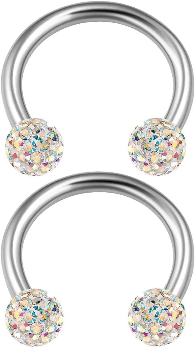 2PCS Surgical Steel Horseshoe Earrings 16 gauge 5/16 8mm 3mm Crystal Ball Lobe Earrings Septum Piercing Jewelry Choose Colors