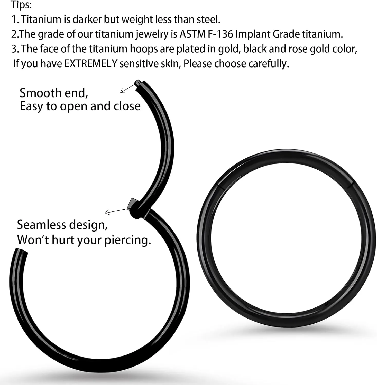2Pcs Titanium Nose Rings 20G 18G 16G Nose Rings Hoops Diameter 5mm to 12mm Rose Gold-Black Cartilage Helix Tragus Daith Rook Hoop Earrings Hinged Segment Septum Clicker Body Piercing Jewelry