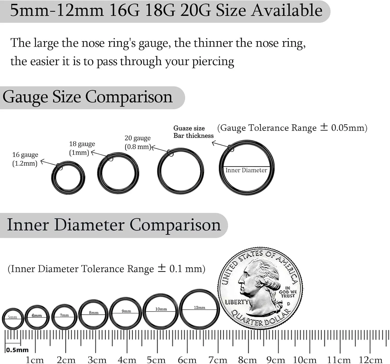 2Pcs Titanium Nose Rings 20G 18G 16G Nose Rings Hoops Diameter 5mm to 12mm Rose Gold-Black Cartilage Helix Tragus Daith Rook Hoop Earrings Hinged Segment Septum Clicker Body Piercing Jewelry