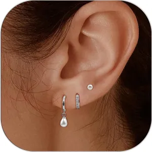 3 Pairs Small Hoop Earrings Set: Stainless Steel Hypoallergenic Stud Earrings Dangle Pearl Cartilage Huggie Hoop Earrings for Women Fashion Gold Jewelry for Women Gifts