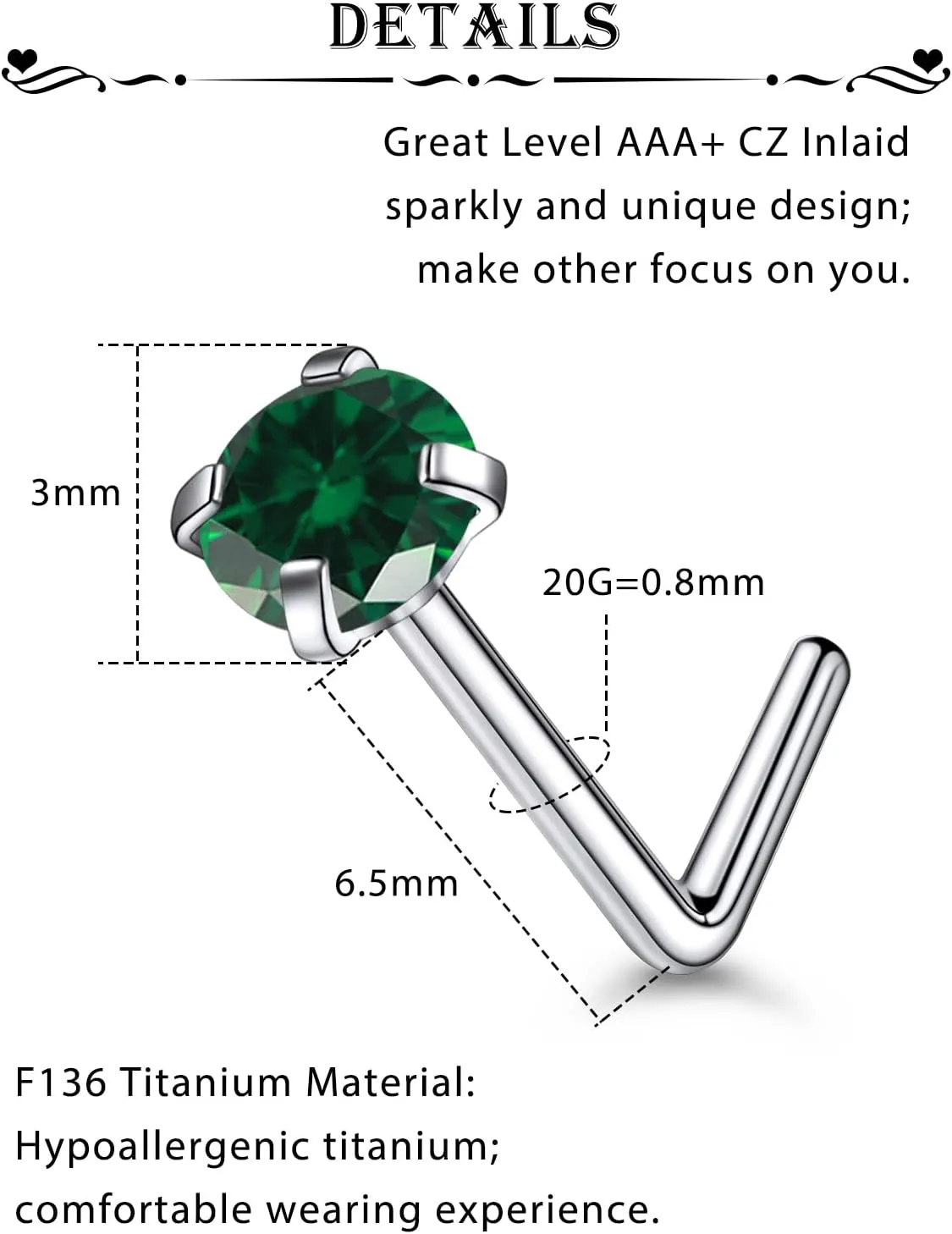 3 Pcs 20G ASTM F136 Titanium Nose Rings Studs for Women G23 Titanium Nose Rings Diamond CZ Nose Studs L Shaped Nose Nostril Piercing Jewelry Hypoallergenic