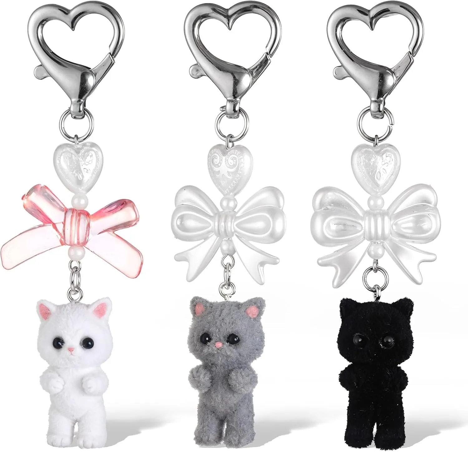 3 Pcs Fuzzy Cat Keychain, Cute Cat Keychain, Aesthetic Keychain, Stylish Cute Keychains, Delicate Kitty Keychains Decor, Y2K Heart Bow Pendant for Women, Cat Keychain Charms for Backpack, Purse, Phone