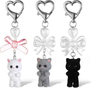 3 Pcs Fuzzy Cat Keychain, Cute Cat Keychain, Aesthetic Keychain, Stylish Cute Keychains, Delicate Kitty Keychains Decor, Y2K Heart Bow Pendant for Women, Cat Keychain Charms for Backpack, Purse, Phone