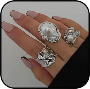 3 PCS Silver Chunky Pearl Rings Set for Women Gold Baroque Pearl Flower Open Ring Adjustable Large Ring Set Statement Knuckle Rings Fashion Jewelry Accessories