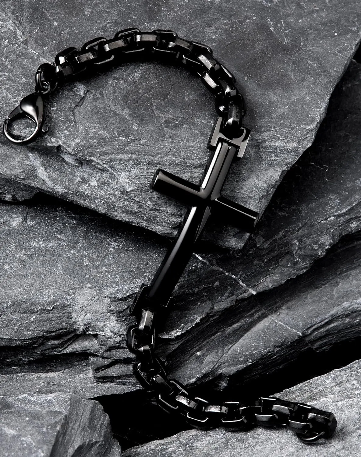316L Stainless Steel Cross Christian Bracelet - Mens Cuff Rhodium Plated Religious Bracelets for Men Punk Jewelry