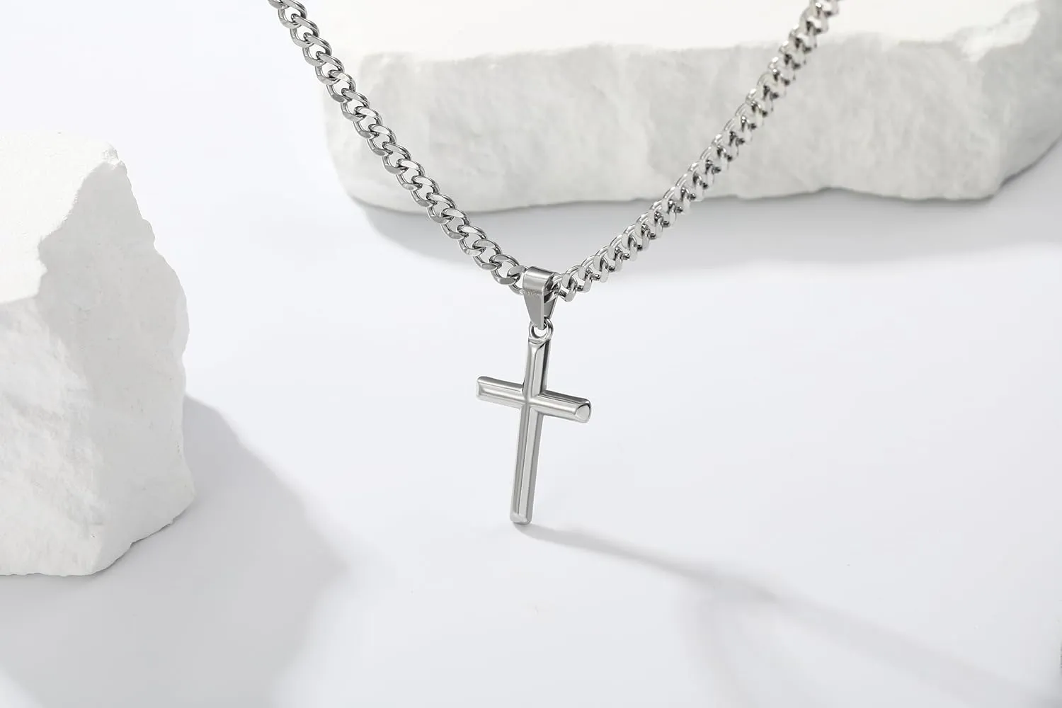 316L Stainless Steel Cross Necklace Graduation Gifts for Men Boys, Silver Gold Black Mens Boys Chain Necklaces 5mm Non-Fading Sturdy Cuban Chain with Cross Pendant Jewelry for Him 14-24inch