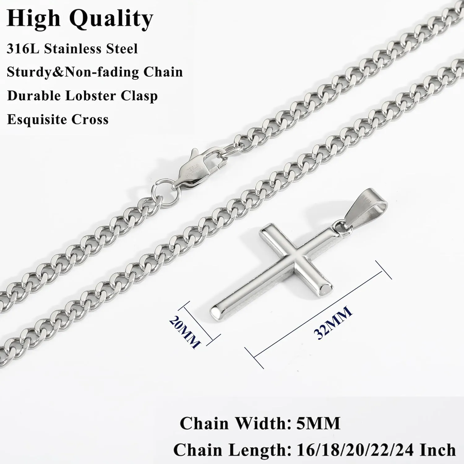 316L Stainless Steel Cross Necklace Graduation Gifts for Men Boys, Silver Gold Black Mens Boys Chain Necklaces 5mm Non-Fading Sturdy Cuban Chain with Cross Pendant Jewelry for Him 14-24inch
