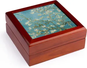 3dRose Vincent can Gogh classical famous fine art - Almond Blossoms 1890 white flowers and branches on blue, Jewelry Box jb-155640-1