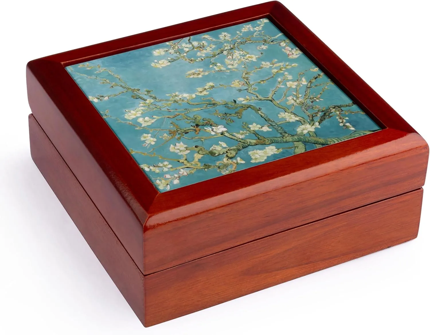 3dRose Vincent can Gogh classical famous fine art - Almond Blossoms 1890 white flowers and branches on blue, Jewelry Box jb-155640-1