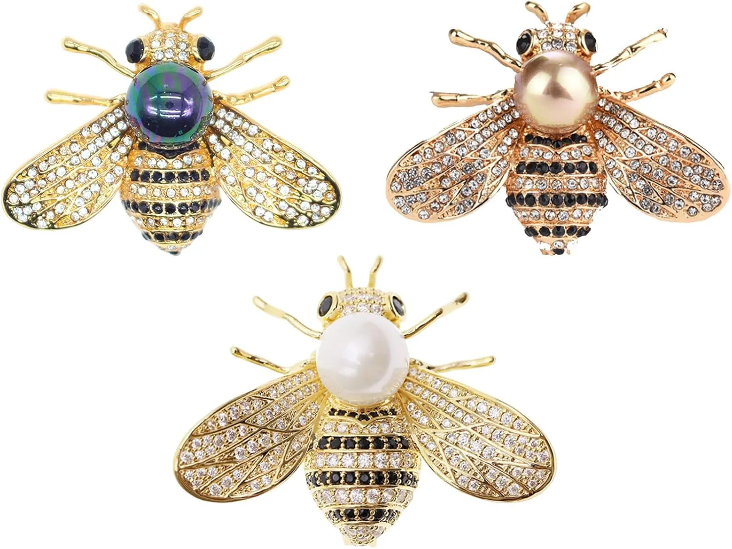 3Pack Fashion Rhinestone Bee Brooches Pins Set Cute Shell Pearl Crystal Animal Brooch Costume Decorate Jewelry for Men Women Gift