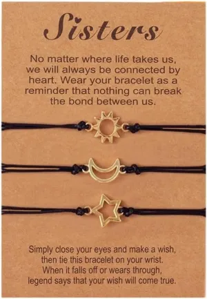 3pcs Adjustable Sun Moon Star Matching Bracelets Handmade Woven Bracelet Friendship Jewelry for Best-Friend Sister
